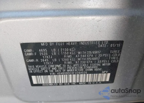 2015 Subaru Outback 2.5I Premium z USA, uszkodzony, nr VIN 4S4BSBDC3F3284536